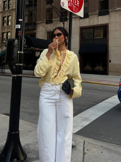 Women Solid Chiffon Ruffle Yellow Blouse Sheer V-neck Lace Up Full Flared Sleeve Shirts 2025 Summer Lady Fashion Loose Top New