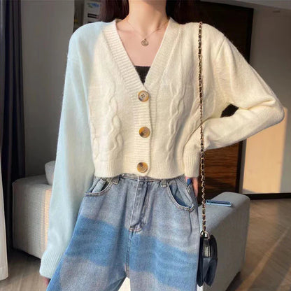 V Neck Cropped Cardigan Women Long Sleeve Twist Knitted Sweater Coats Autumn Winter Keep Warm Korean Fashion Jacket Cardigan
