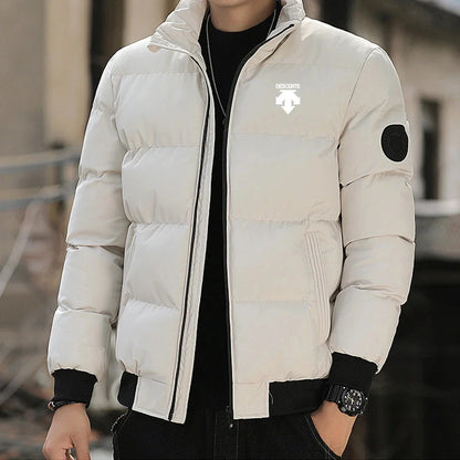 A new men's casual stand-up collar down cotton thermal jacket for winter 2026, a fashionable cotton jacket for outdoor sports
