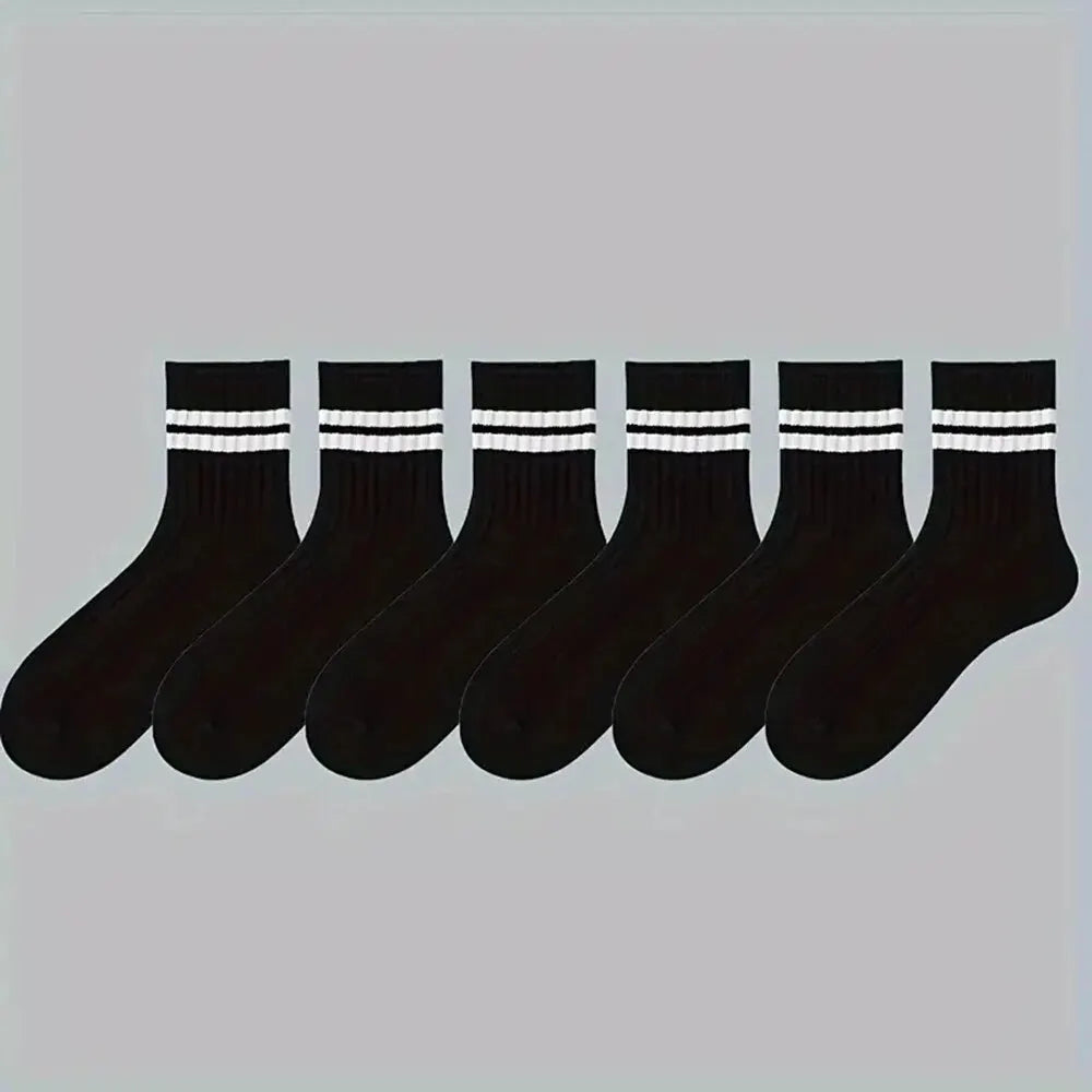 6 Pairs Men's Socks Spring Autumn Simple Casual Black White Striped Socks Breathable Mid Tube Sock High-quality Round Neck Socks