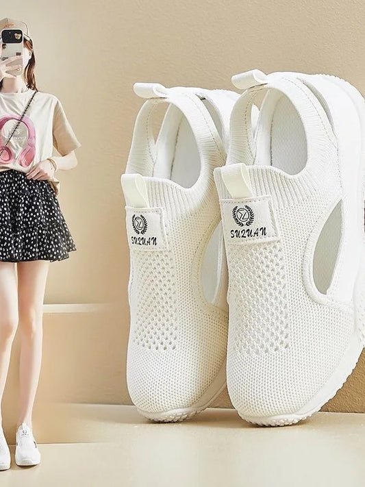 Breathable Fly Knit Materni Sandals Women's Slip-On Head Covering Flat oes Comfortable Casual Faionable Summer Sneakers