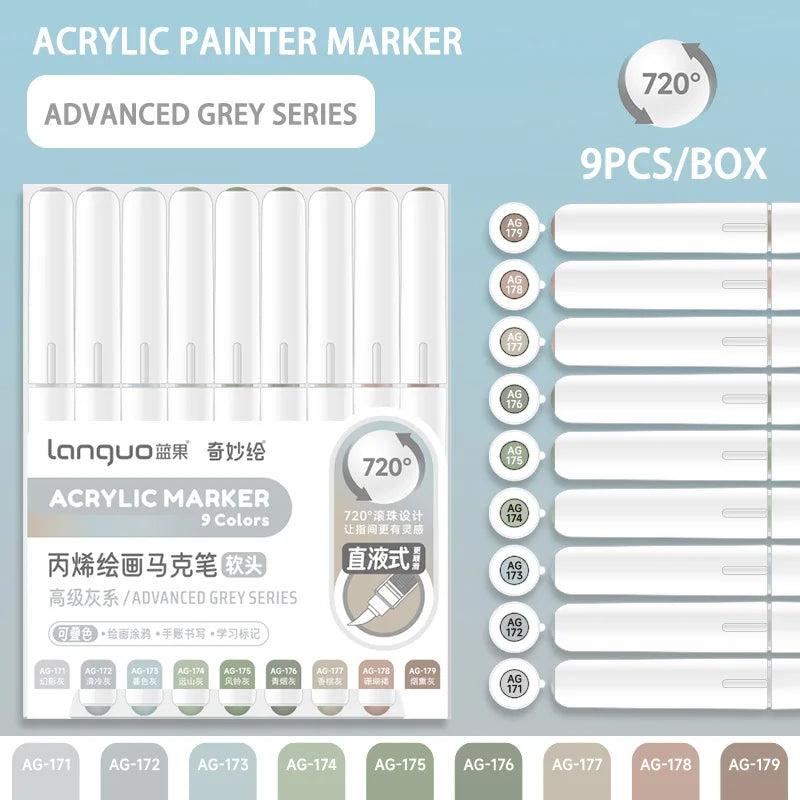 Languo 9pcs/box Soft Brush Acrylic Marker Pen Set£¬DIY Hand Drawn,Paint Art Markers pens,Student Graffiti Acrylic Paint Pens,M720