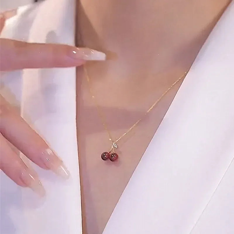 Little Wine Red Cherry Pendant Necklaces For Women Fashion Personality Fruit Golden Chain Necklace Party Jewelry Birthday Gifts