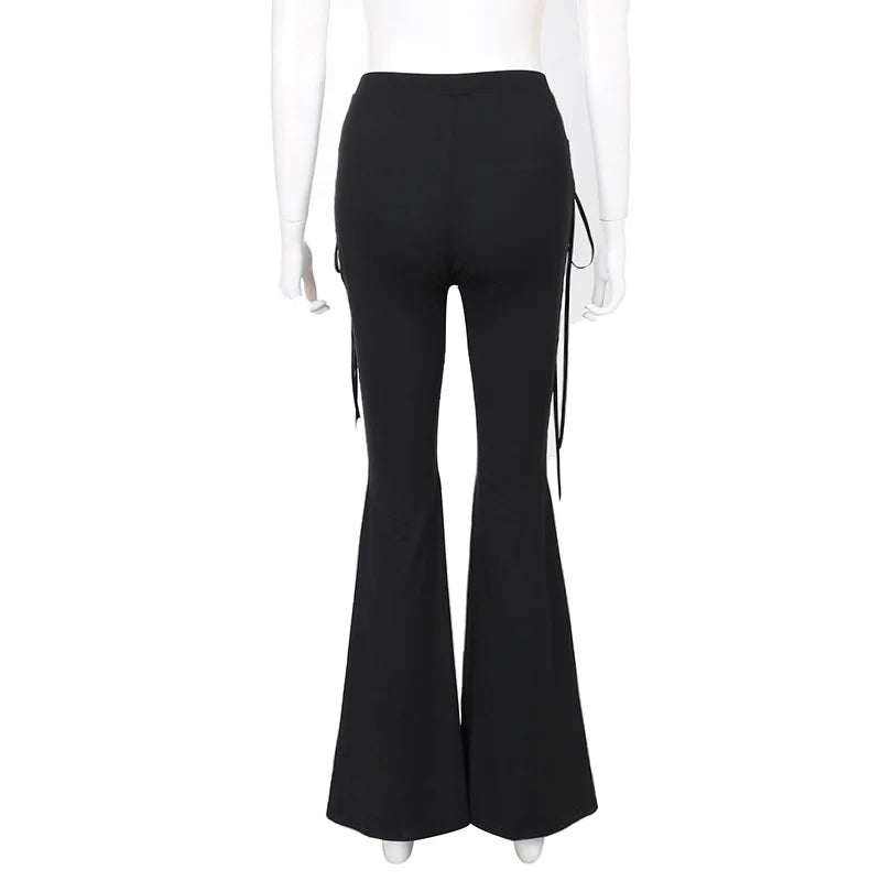 Dark Black Sexy Punk Flared Pants Long Trouser Women Lace Up Front Hollow Cut Out Bell Bottom Tied Up High Waist Streetwear