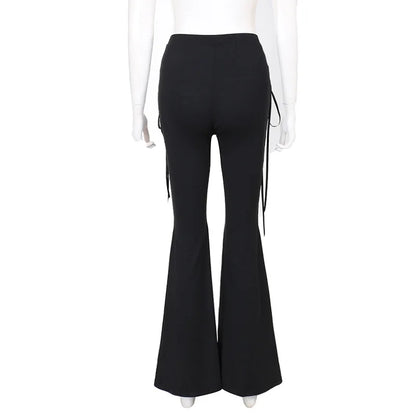 Dark Black Sexy Punk Flared Pants Long Trouser Women Lace Up Front Hollow Cut Out Bell Bottom Tied Up High Waist Streetwear