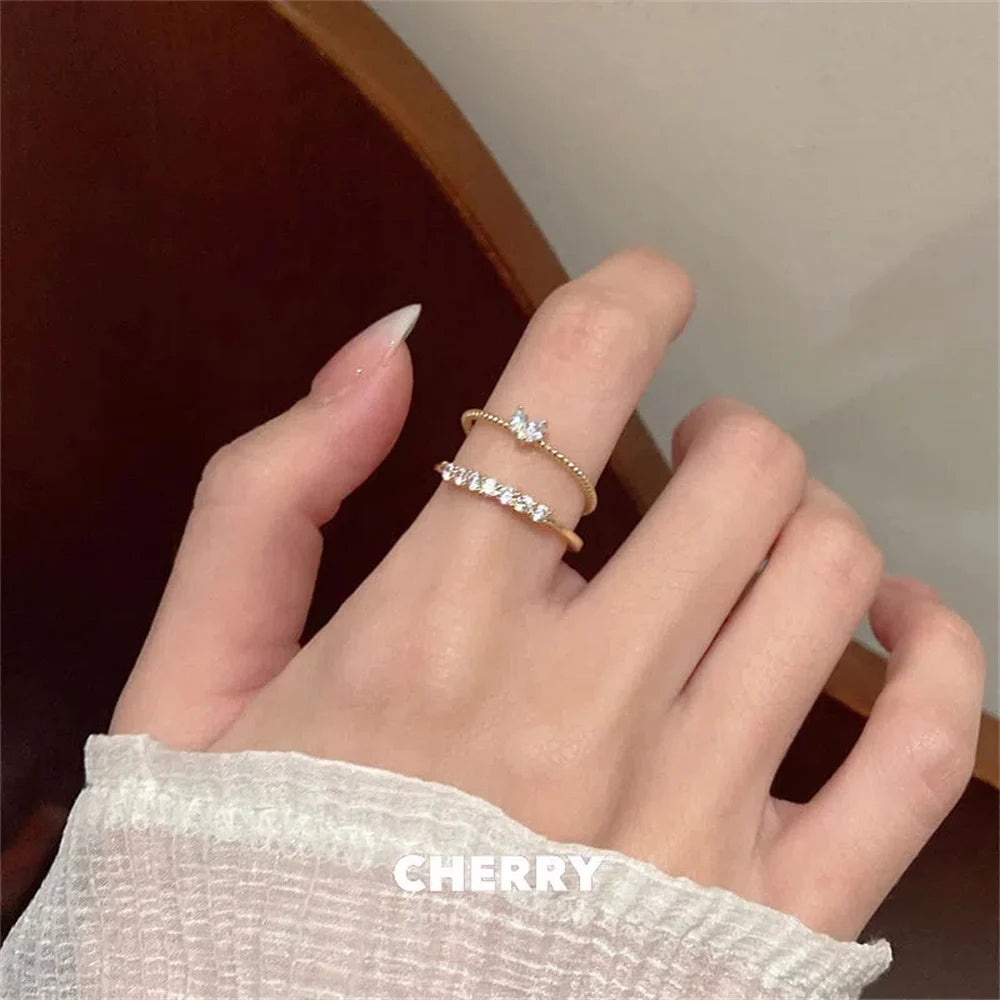 2PCS Aesthetic Elegant Dainty Crystal Heart Rings for Women Girls Gold Color Stackable Delicated Love Finger Ring Set Jewelry