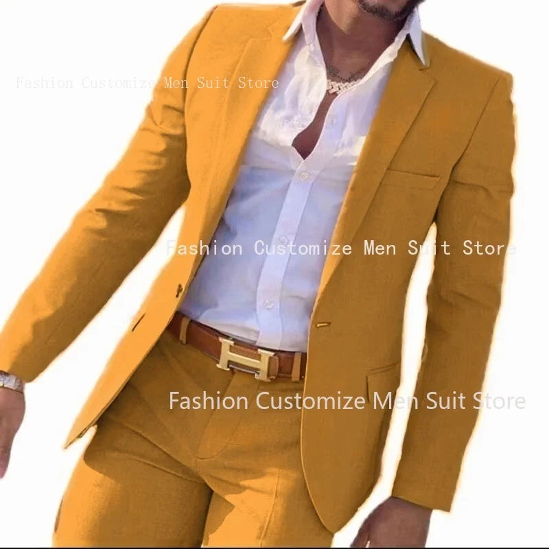 2 Pieces Beige Suit for Men Slim Fit Wedding Groom Tuxedo Groomsmen Suits Male Fashion Smoking Costume Homme Blazer with Pants