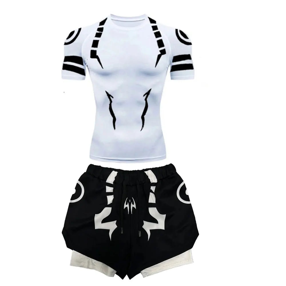 Anime Jujutsu Kaisen Compression Set Fitness Suit for Men Quick Dry 3D Compression Shirt+Gym Shorts Running Workout Sportswear