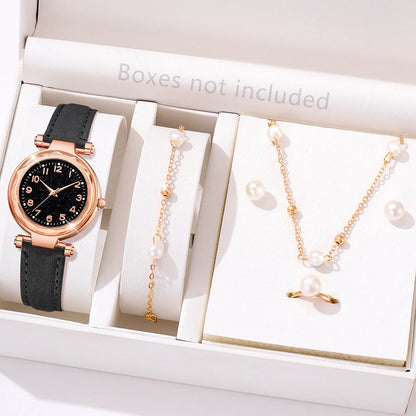 6PCS/Set Red Women's Watch With Minimalist Elements Dial Quartz Watch Latex Strap Cherry Elements Jewelry Set Girl's Gift