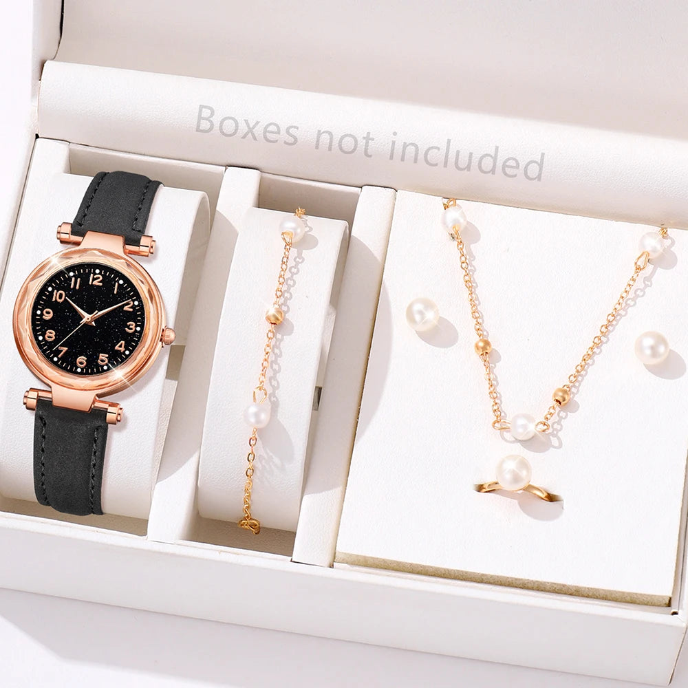 6PCS/Set Red Women's Watch With Minimalist Elements Dial Quartz Watch Latex Strap Cherry Elements Jewelry Set Girl's Gift