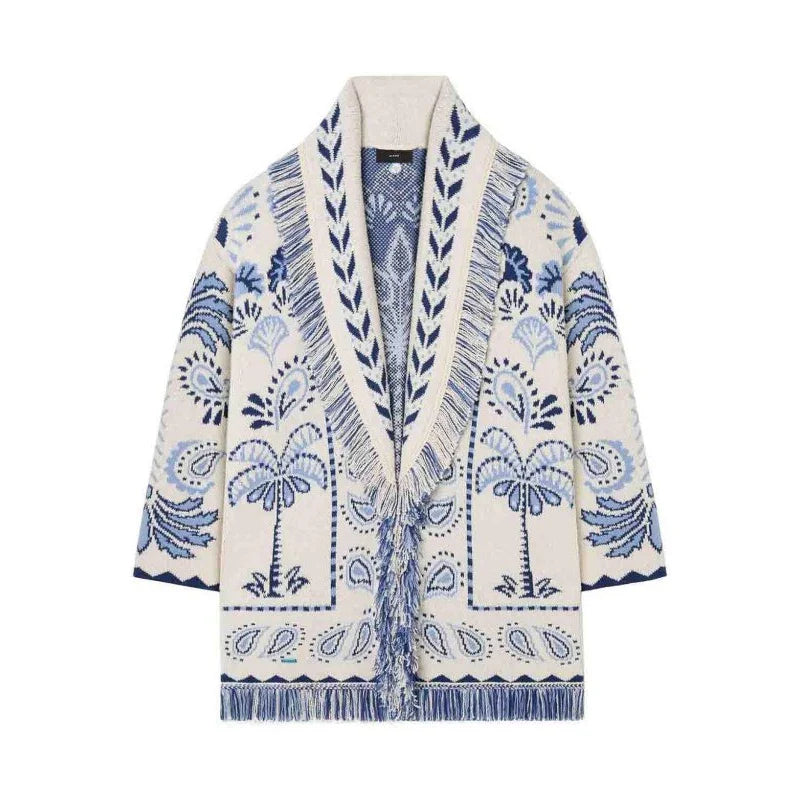 Tassel Patchwork Printed Cardigan Women Geometric Patterns Belts V-neck Long Sleeve Knitted Street Lady Sweater 2025 Autumn Coat