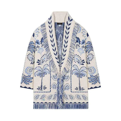 Tassel Patchwork Printed Cardigan Women Geometric Patterns Belts V-neck Long Sleeve Knitted Street Lady Sweater 2025 Autumn Coat