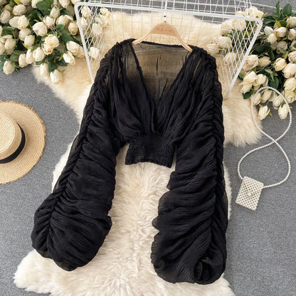 Women Sexy Chiffon Short Blouse Female See Through Super Long Sleeve Blusas Purple/Green/Black/White Folds Party Tops 2022 New