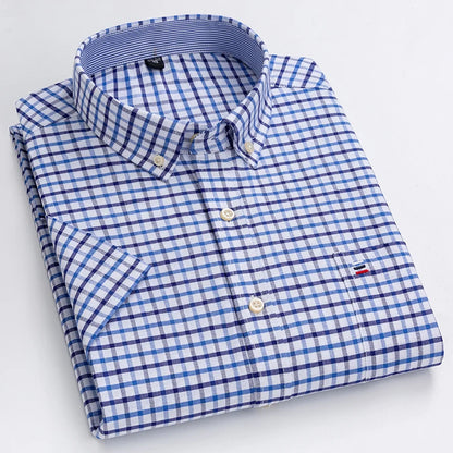 100% Pure Cotton Oxford Shirt For Men¡¯s Short Sleeve Solid Stripe Leisure Embroidered Horse Social Business Formal Dress Shirts