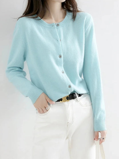 2025 New Worsted Spring And Autumn Women Cardigan Round Neck Knitwear Solid Color Fashion High-grade Knitwear Sweater