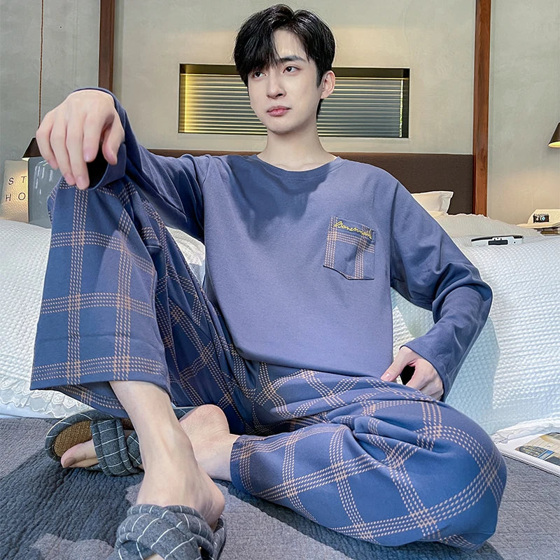 Spring Autumn Plus 4XL Knitted Men's Sleepwear Letter Lattice Pajamas Plaid Pajamas Sets Casual Loungewear Pyjamas Night Fashion