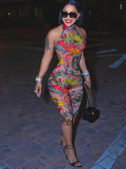 Weird Puss Colorful Print Romper Women Halter Bandage Summer Sexy Hipster Backless Activity Workout Fit Tight Stretch Playsuits