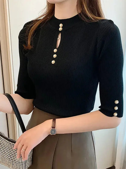 2025 Spring Autumn Korean Fashion Solid Sweater Women Short Sleeve Tops Pull Femme Casual Slim Female Pullover Knitted Clothes