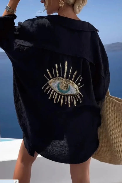 Casual Bright Sequin Evil Eye Shirt Women Summer Fashion Long Sleeve Loose Long Blouse Streetwear Turn-down Collar Cotton Tops