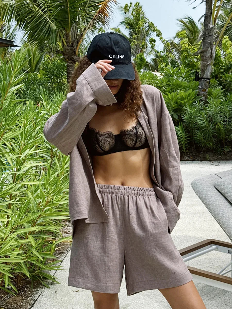 Bornladies Cotton Casual Pants Sets Women's Solid Color Cozy Lapel Long Sleeve Shirt Summer Outfit Elastic Waist Pants Suits