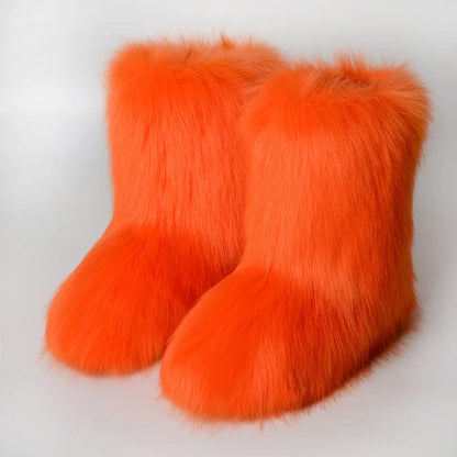 Women Faux Fur Boots Winter Fluffy Plush Warm Mid Calf Snow Boots Luxury Fashion Furry Boots Comfortable Outdoor Flat Shoes