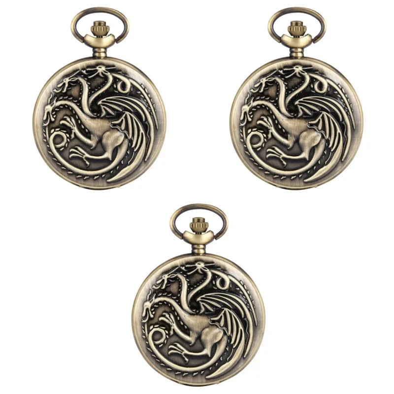 Three-headed Dragon Quartz pocket Watch Vintage Bronze Fire Monster necklace Vintage antique watch