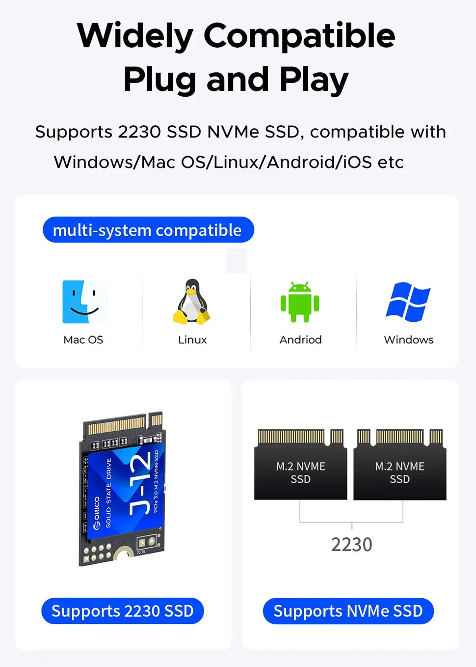 ORICO Portable M.2 2230 NVMe SSD Case 10Gbps External Hard Disk Enclosure USB C 3.2 Gen 2 M2 Housing Storage Box for PC Laptop