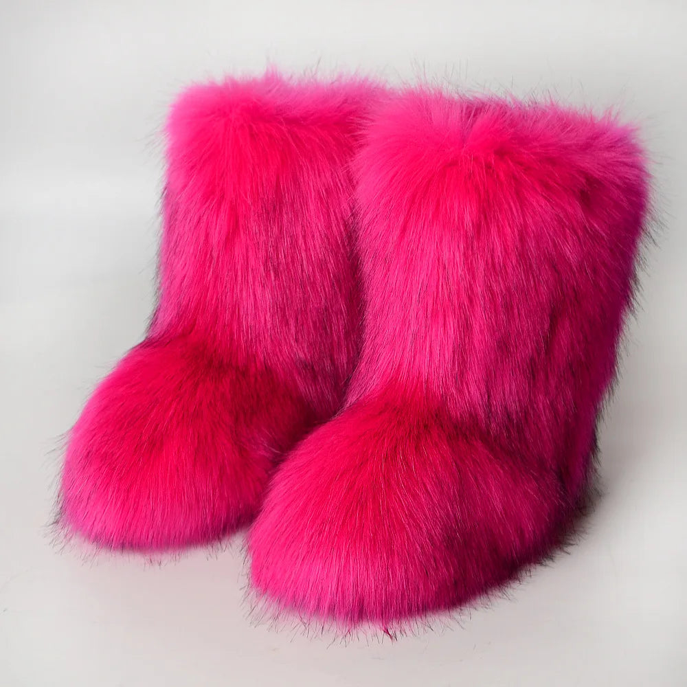 Women's Winter Snow Boots Outdoor Luxury Furry Faux Fox Fur Boots Woman Plush Warm Platform Shoes New Fashion Bottes Big Size 46