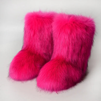 Women's Winter Snow Boots Outdoor Luxury Furry Faux Fox Fur Boots Woman Plush Warm Platform Shoes New Fashion Bottes Big Size 46