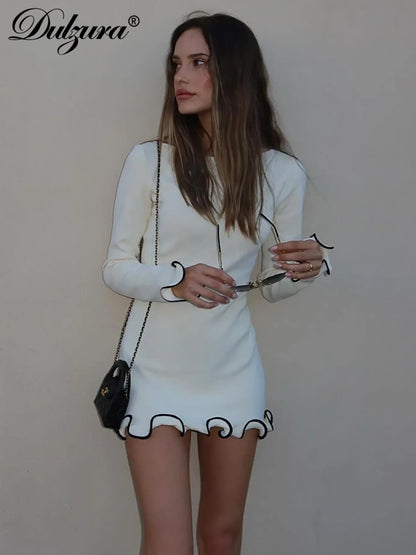Dulzura O-Neck Long Sleeves Ruffles Patchwork Bodycon Mini Dress Sexy Elegant Outfit Party Club Streetwear Autumn Winter Clothes