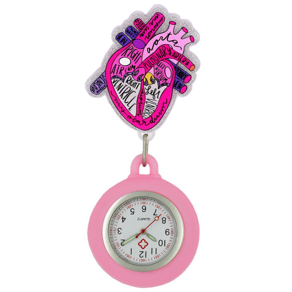 Heart Shape Icons Retractable Nurse Doctor Shiny Badge Reel Clip Pocket Watches Hospital Medical Working Office Hang Clock