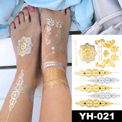 Waterproof Temporary Tattoo Sticker Flowers Mandala Henna Golden Silvery Metallic Flash Tatoo Boho Hand Jewelry Glitter Body Art