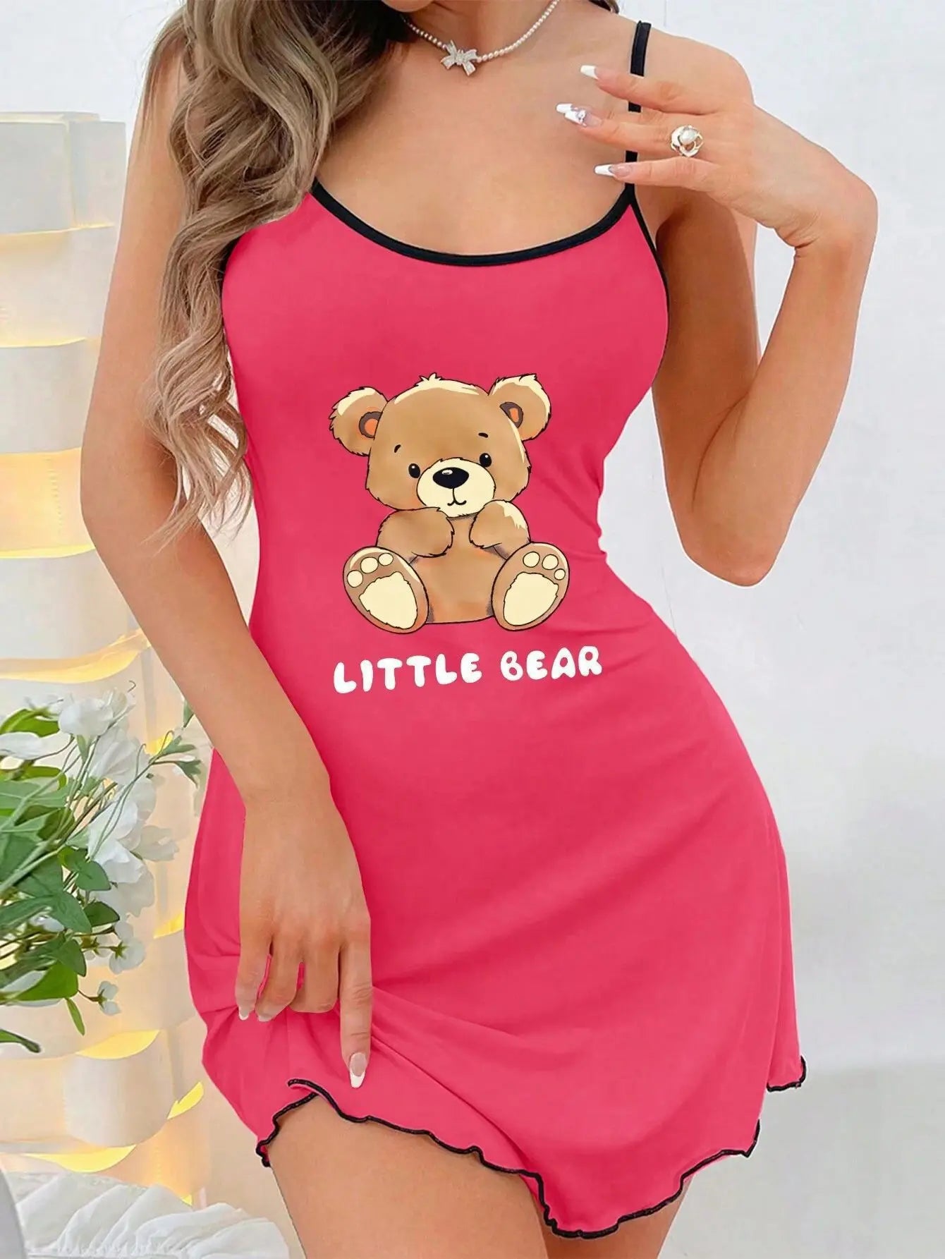 Womens Cute Little Bear Print Cami Nightgown Spaghetti Strap Sleep Dress Mini Lettuce Hem Contrast Trim Loungewear Y2K Style