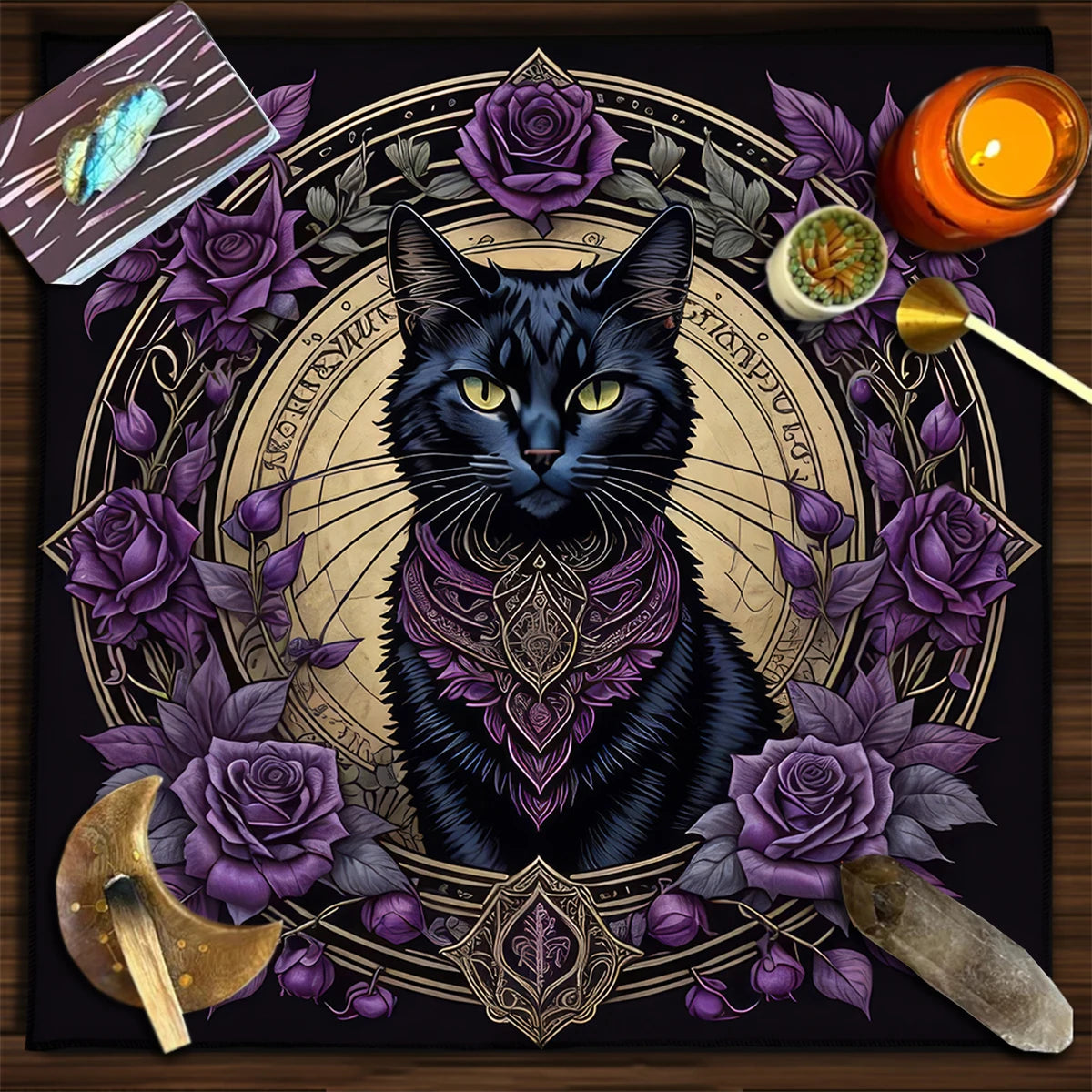 Colorful Mandala Black Cat Altar Cloth Tarot Tablecloth Witchcraft Cat & Moon Starry Sky Divination Cloth Tarot Mat Home Decor