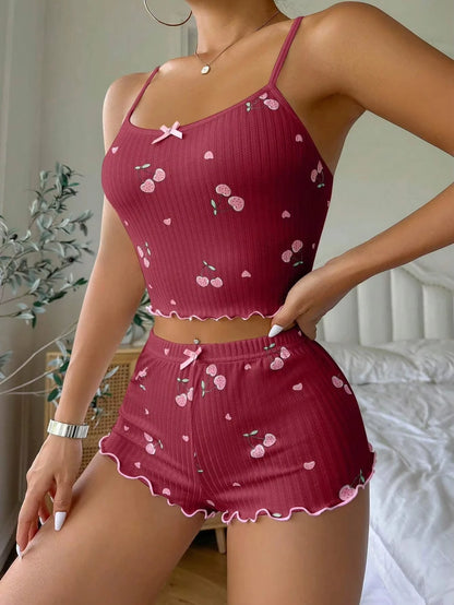 Sleepwear Women's Summer Pajama Set Heart Print Sexy Ribbed Bow Decor Round Neck Backless Crop Cami Top & Shorts Nightwear New