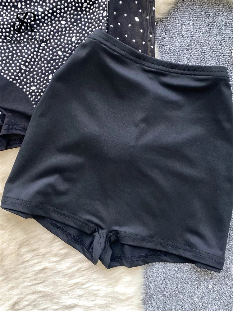 SINGREINY Summer Thin Sheer Sexy Bodysuit Long Sleeve Zipper With Shorts Design Rompers Beadings Streetwear Women Mesh Playsuits