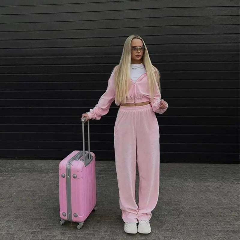 Women's Casual Suit Street Style Long Sleeve Hooded Cardigan Elastic Waist Pants Fashion Two-piece Suit