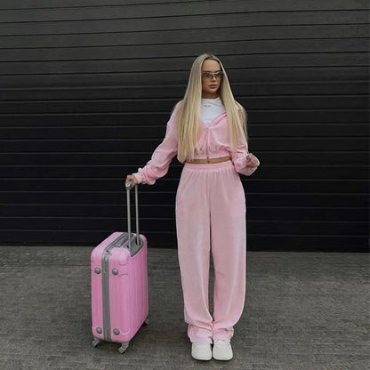 Women's Casual Suit Street Style Long Sleeve Hooded Cardigan Elastic Waist Pants Fashion Two-piece Suit