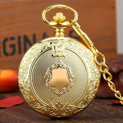 Carved Floral Rattan Shield Crown Pattern Pendant Steampunk Vintage Pocket Watch with Chain For Men Gift