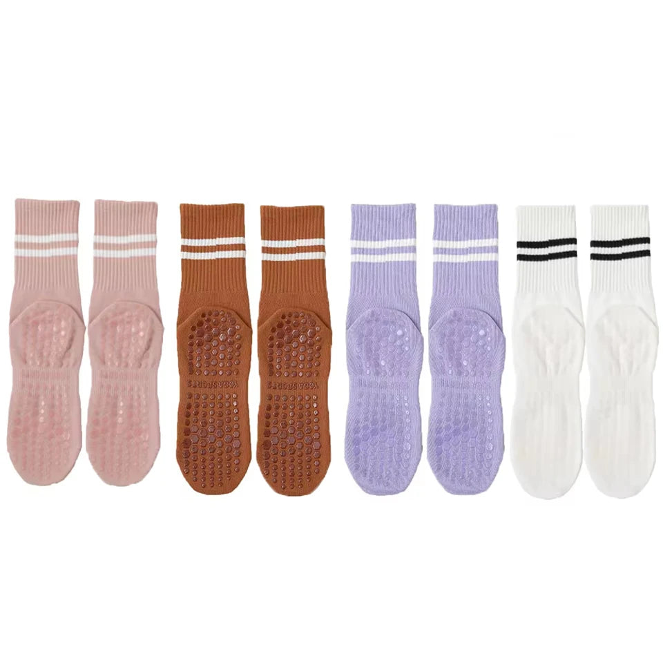 4 Pairs of Mid Tube Double Bar Striped Yoga Socks Anti Slip Dance Sports Breathable Socks Fitness Pilates Cotton Socks