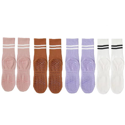 4 Pairs of Mid Tube Double Bar Striped Yoga Socks Anti Slip Dance Sports Breathable Socks Fitness Pilates Cotton Socks
