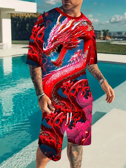 New Men's Sports Suit 3D Three-Dimensional Lion Print Short-Sleeved Outdoor Travel Leisure Two-Piece Suit Plus Size Clothing