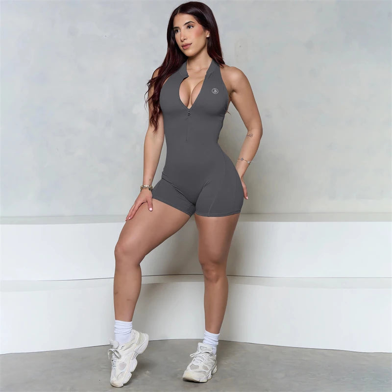 Allure The Brand Sleeveless ZIPPER Scrunch Butt Romper Women Sporty Jumpsuit Lycra Short Fitness Gym Overalls Workout Clothes