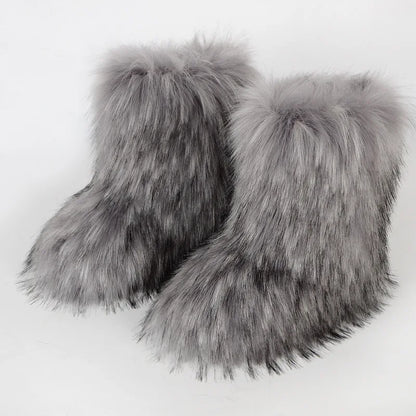 Women's Winter Snow Boots Outdoor Luxury Furry Faux Fox Fur Boots Woman Plush Warm Platform Shoes New Fashion Bottes Big Size 46