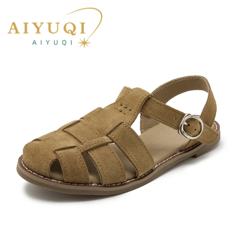 AIYUQI Flat-soled Retro Genuine Leather Hollow Baotou Sandals Women's 2025 New Hollow Pig Cage Women's Sandals