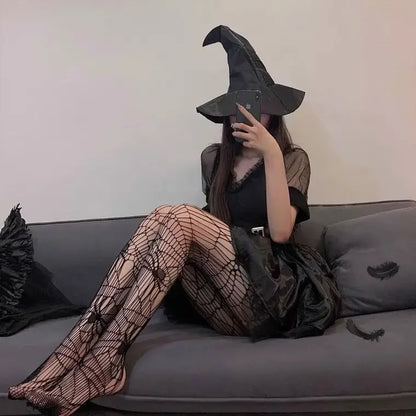 Gothic Fishnet Stockings Black Tights Women Sexy Nylon Sheer Pantyhose Lolita Hollow Out Floral Lace Pantyhose Cosplay Plus Size