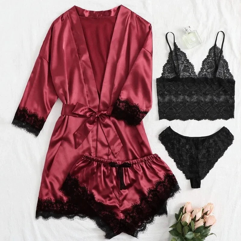 Women's Fashion Pajama Print Sexy Lace Trim Faux Silk Satin Pajama Set Gown Skin Friendly Comfort Loungewear Sexy Pajamas