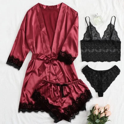 Women's Fashion Pajama Print Sexy Lace Trim Faux Silk Satin Pajama Set Gown Skin Friendly Comfort Loungewear Sexy Pajamas
