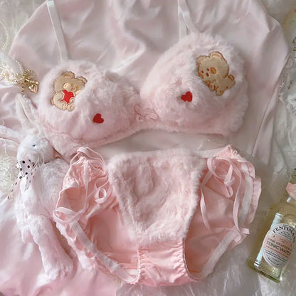 Japanese Girls Winter Soft Ropa Interior Cute Lingerie for Women Cartoon Bear Students Plush  Sexy Bras Wireless Thin Bra Set