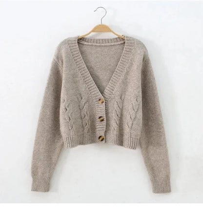 V Neck Cropped Cardigan Women Long Sleeve Twist Knitted Sweater Coats Autumn Winter Keep Warm Korean Fashion Jacket Cardigan